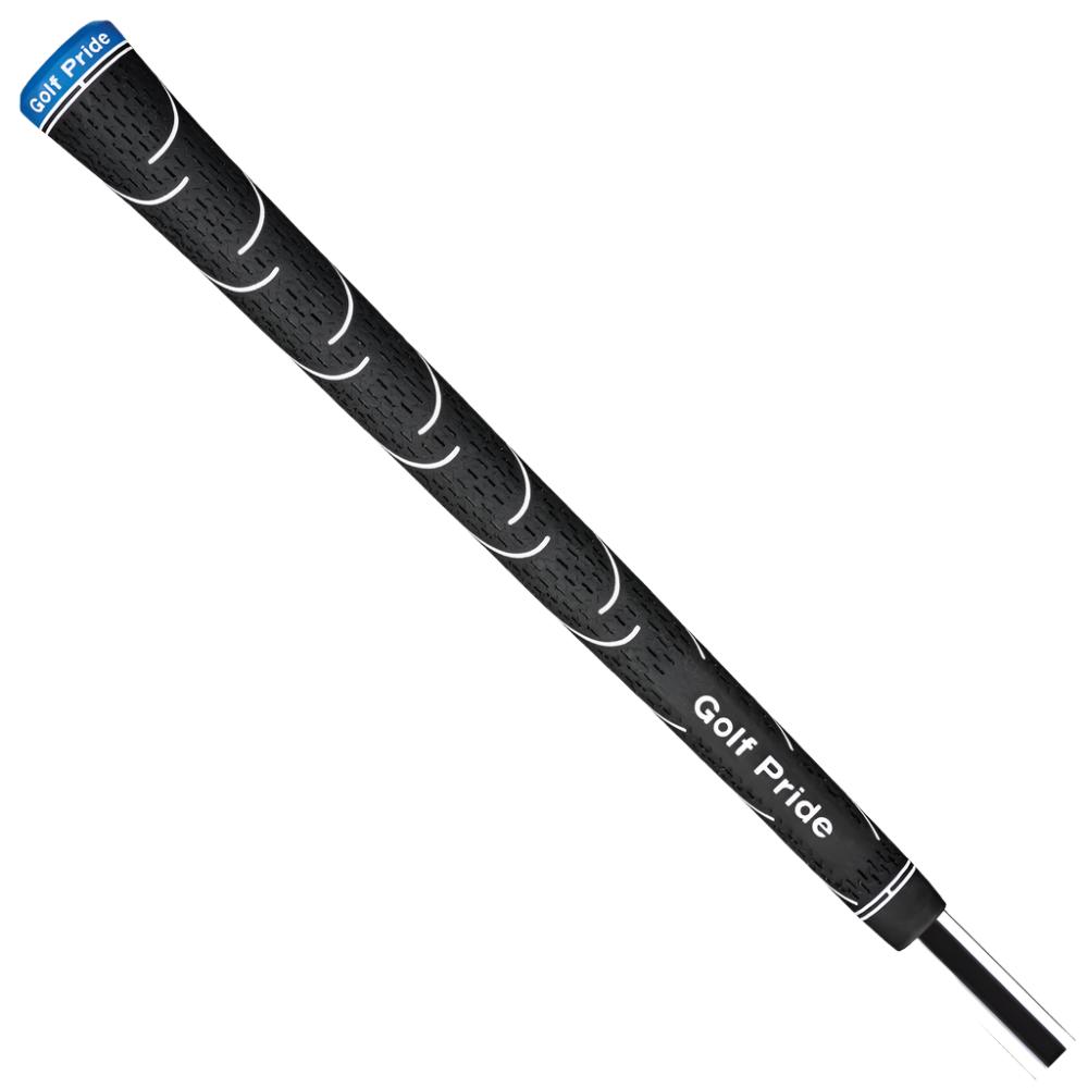 A black golf club grip with white accents and the Golf Pride brand name on it.