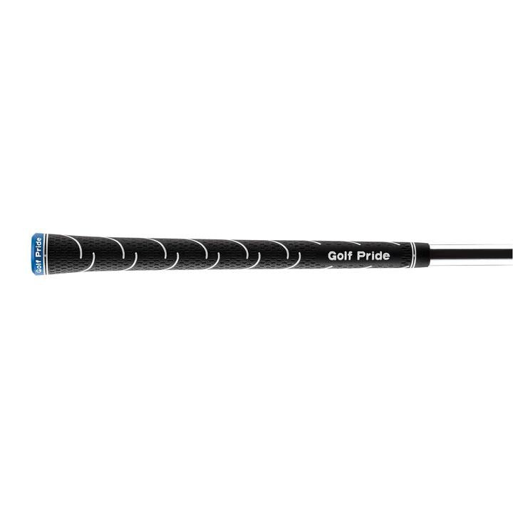 A black golf club grip with white accents and the Golf Pride brand name on it.