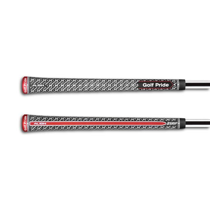 A midsize golf grip with a cord align texture and Golf Pride branding.