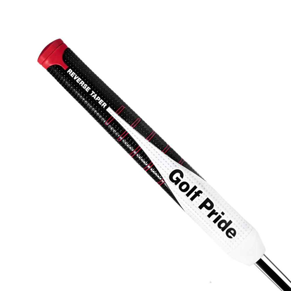 A close-up image of a Golf Pride putter grip with a reverse taper design. The grip is primarily white with black and red detailing and features the Golf Pride logo.