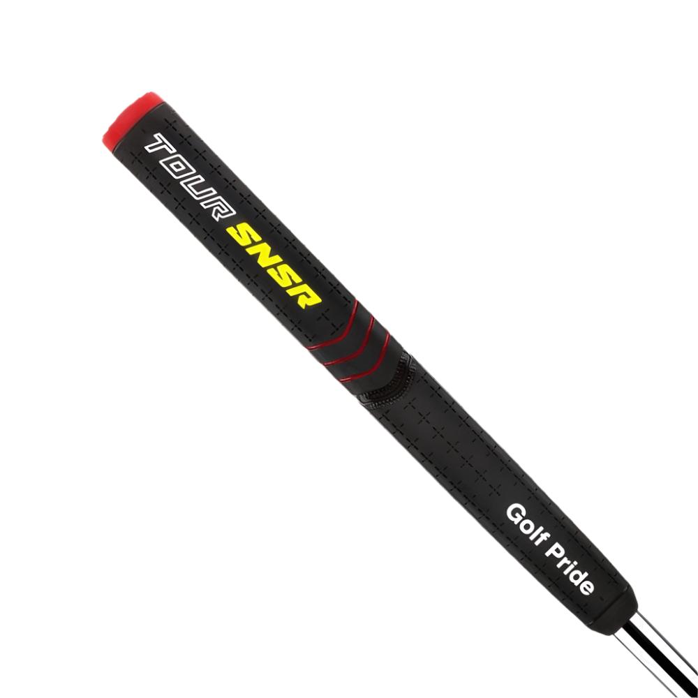A black putter grip with red accents and yellow lettering that reads 'Tour SNSR' and 'Golf Pride'.