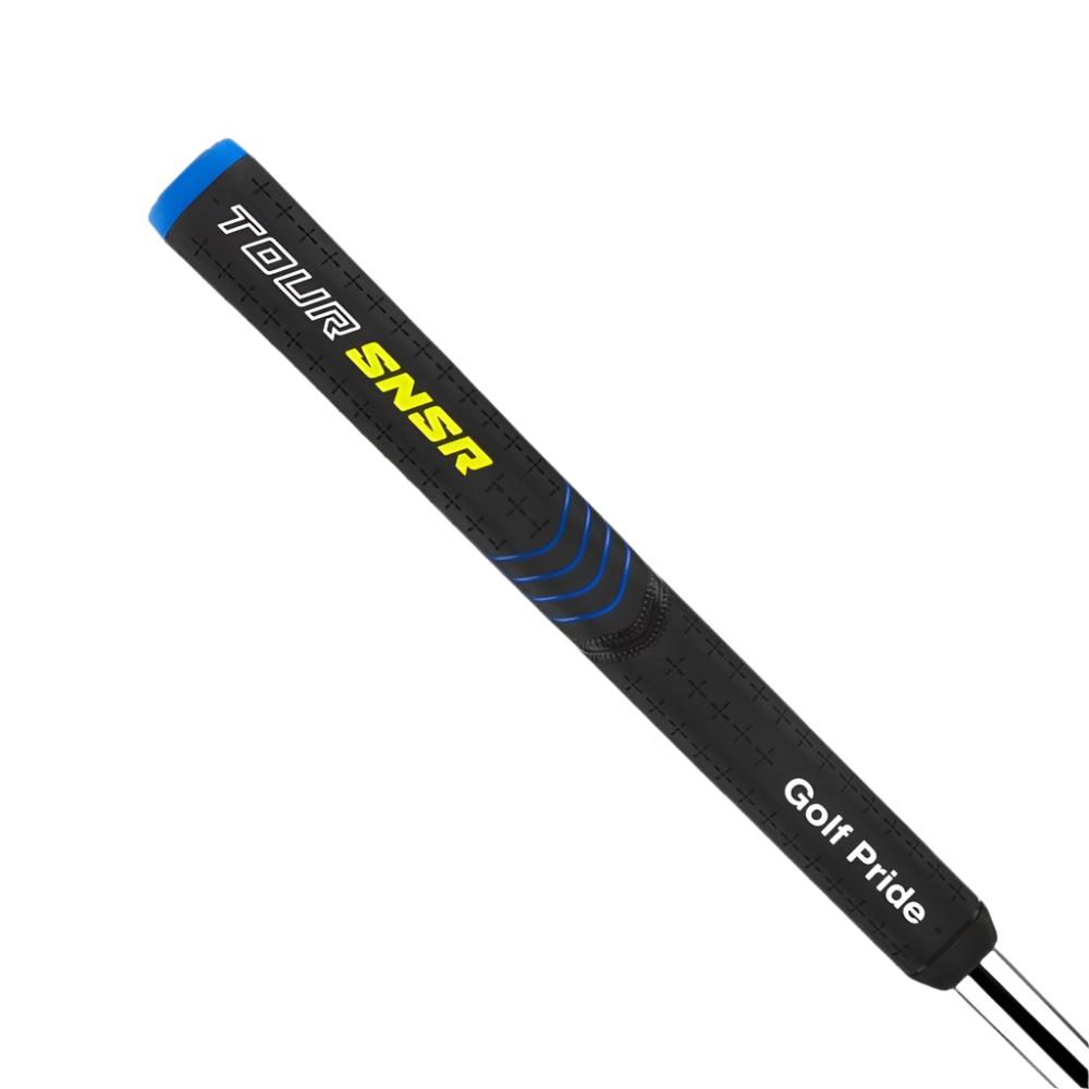 A black putter grip with blue accent lines and the branding 'Tour SNSR' in yellow text.