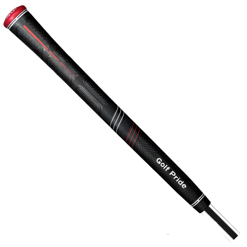 A black golf grip with red accents and the brand name 'Golf Pride' written on it.