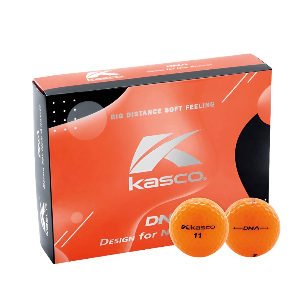 two kasco orange golf ball displayed on the outside of the kasco golf ball box