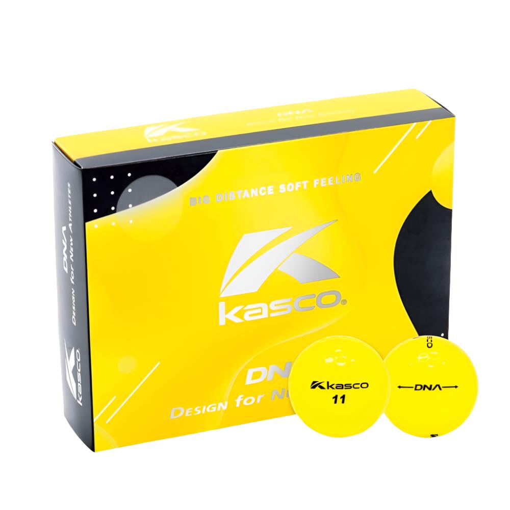 two kasco yellow golf ball displayed on the outside of the kasco golf ball box
