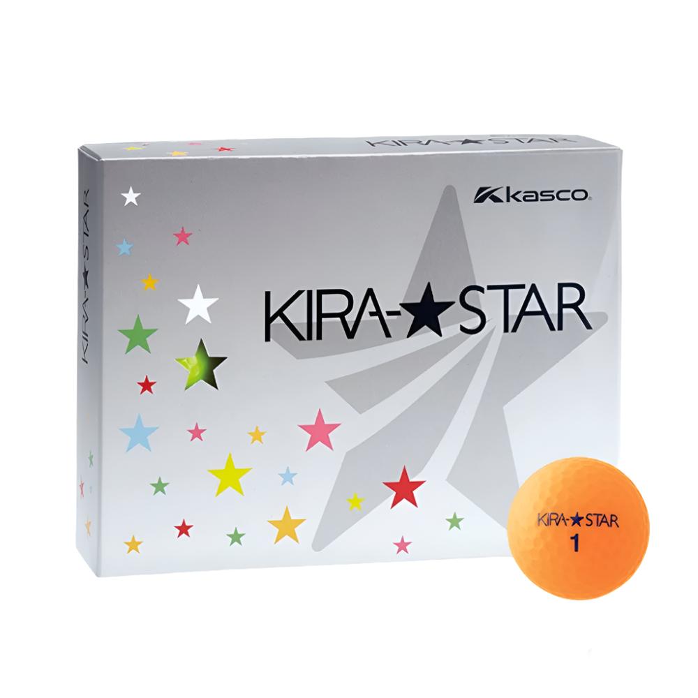 A box of KASCO KIRA STAR golf balls with a colorful star pattern on the packaging, alongside an orange golf ball.