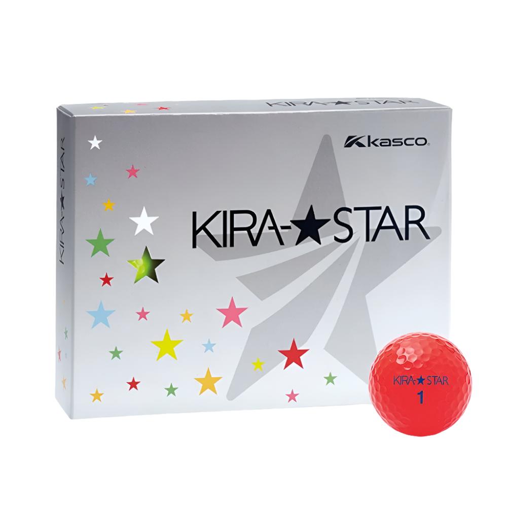 A box of red KASCO KIRA STAR golf balls with a colorful star pattern on the packaging, alongside an orange golf ball.