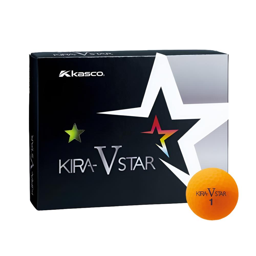 A yellow golf ball with red and blue stars, placed in front of a black box with the text 'KIRA VSTAR' and the Kasco logo.