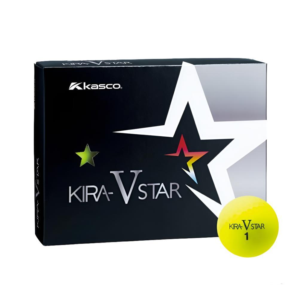 A yellow golf ball with red and blue stars, placed in front of a black box with the text 'KIRA VSTAR' and the Kasco logo.