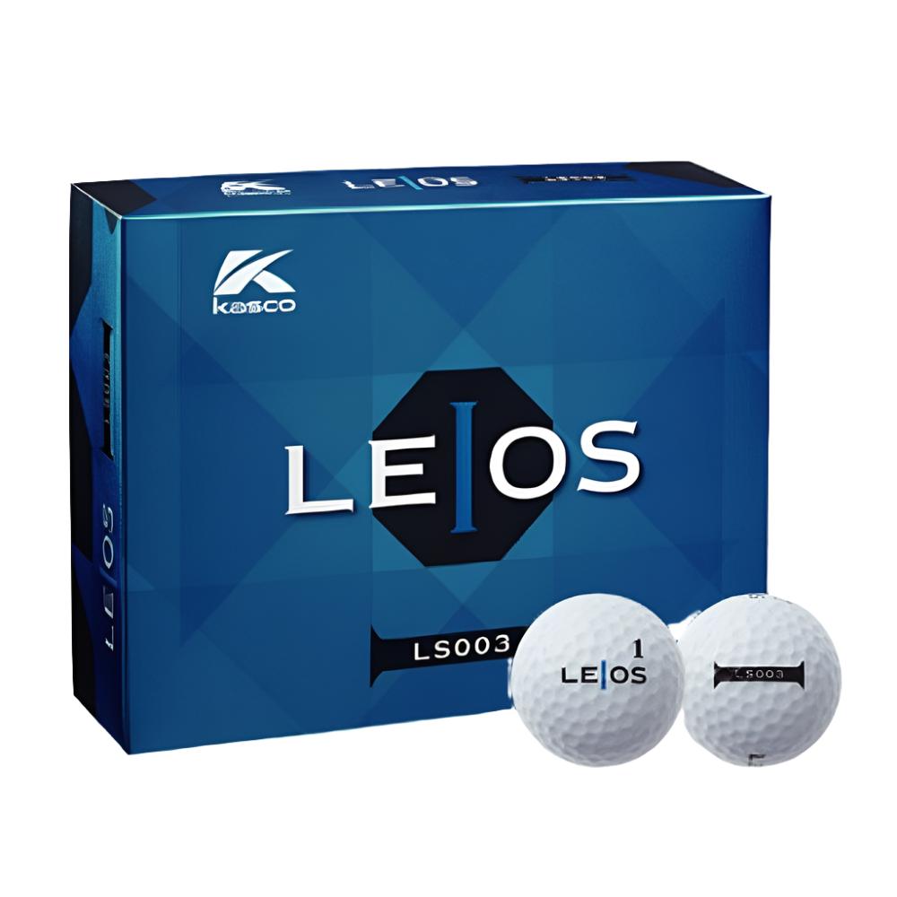 A box of Kasco LEIOS LS003 golf balls with two balls displayed in front, featuring white with black and red text and a dimpled surface.