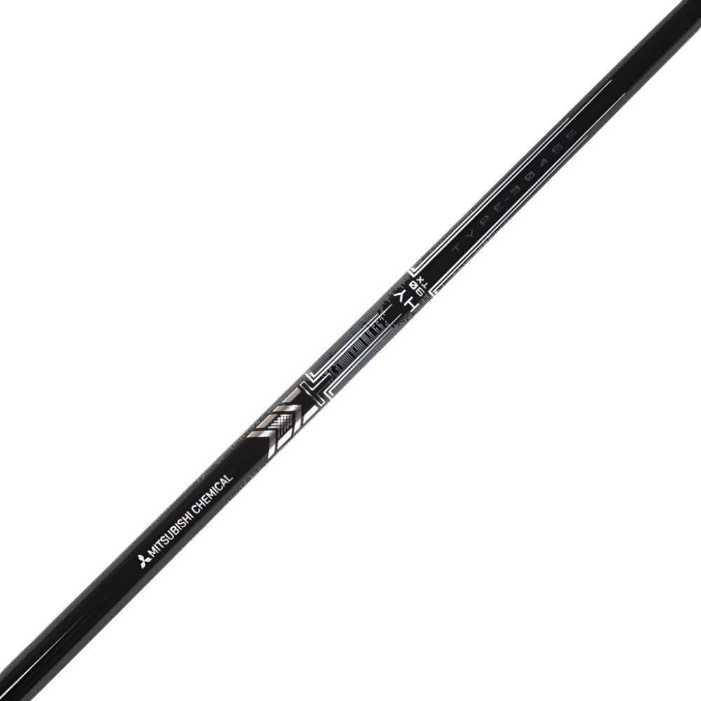 A close-up image of a Mitsubishi Chemical golf club shaft, showcasing the metal mesh technology and branding details.