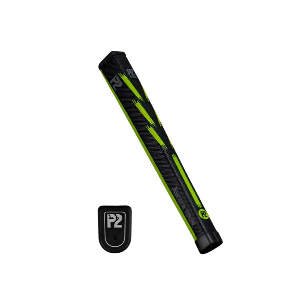 A putter grip with a flat bottom and flat sides, featuring the P2 brand logo, designed for golf putters.