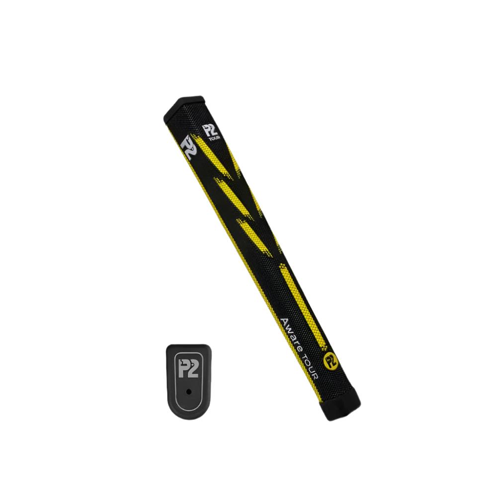 A putter grip with a flat bottom and flat sides, featuring the P2 brand logo, designed for golf putters.