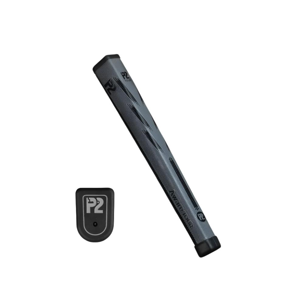 A putter grip with a flat bottom and flat sides, featuring the P2 brand logo, designed for golf putters.