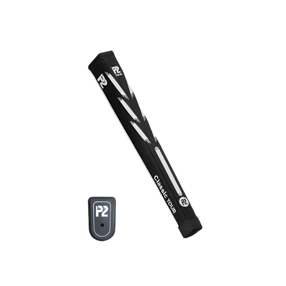 A blue golf putter grip with a white stripe and logo, accompanied by a black and gray weight accessory.