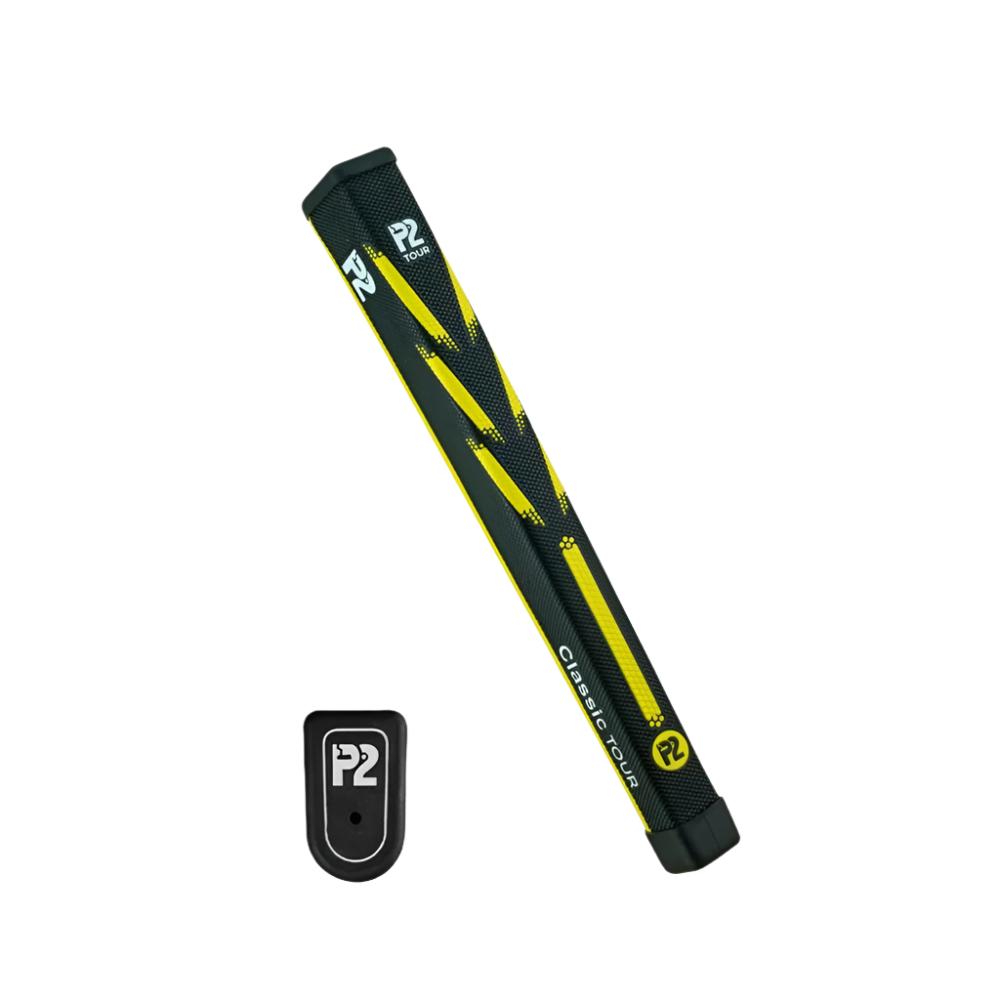 A blue golf putter grip with a white stripe and logo, accompanied by a black and gray weight accessory.