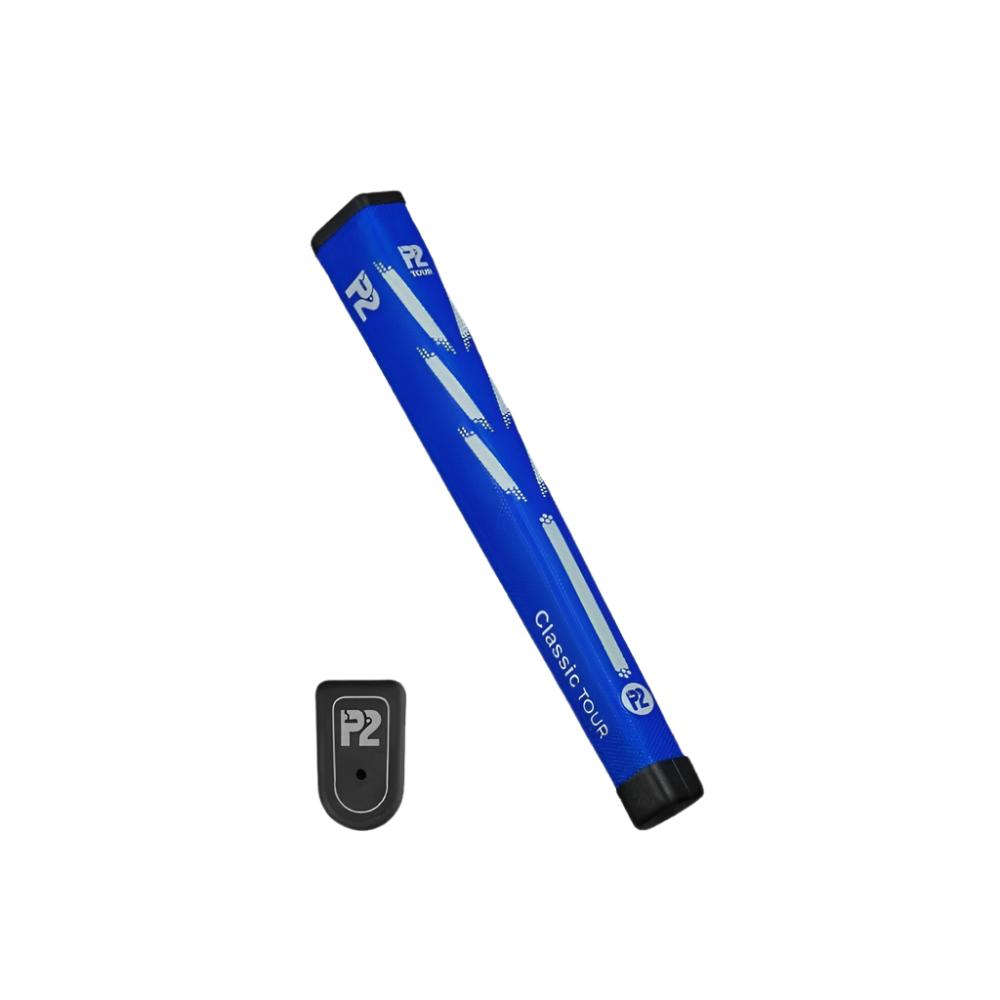 A blue golf putter grip with a white stripe and logo, accompanied by a black and gray weight accessory.