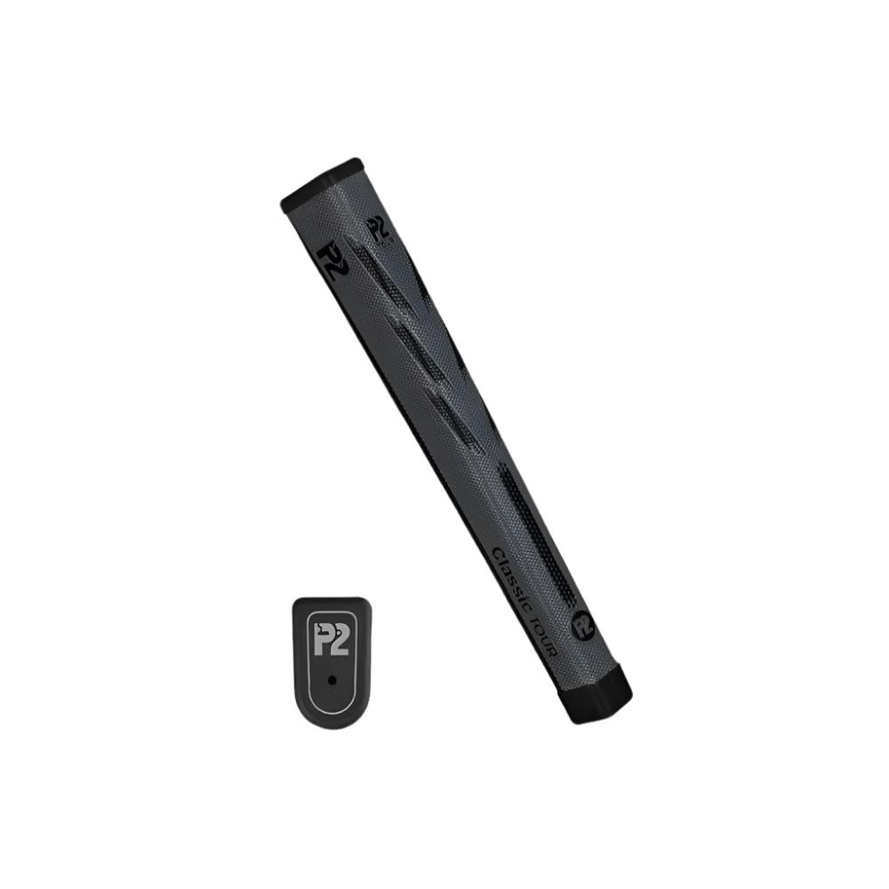 A blue golf putter grip with a white stripe and logo, accompanied by a black and gray weight accessory.