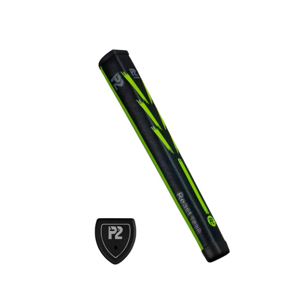 A red putter grip with a black end cap, featuring the P2 logo, designed for golf putters.