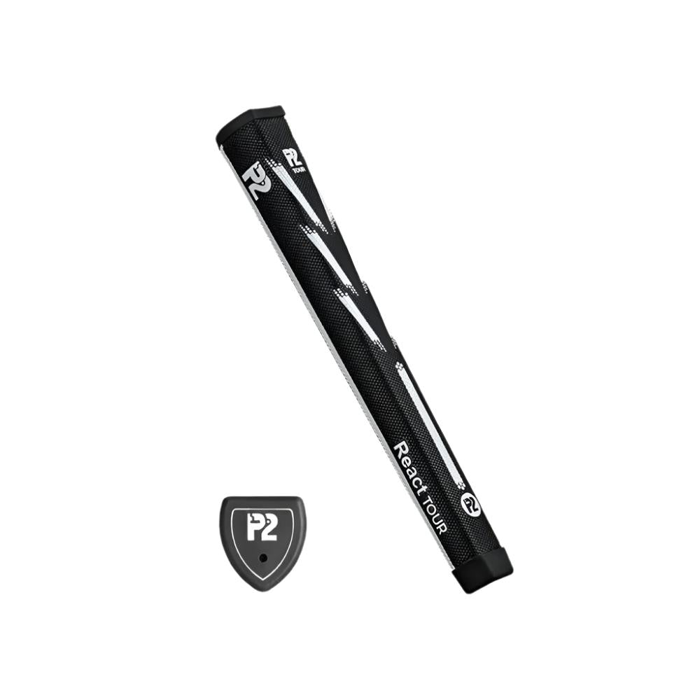 A red putter grip with a black end cap, featuring the P2 logo, designed for golf putters.