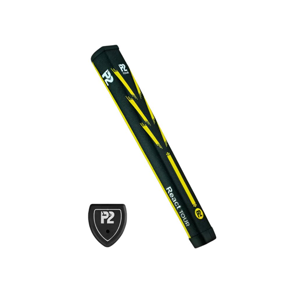 A red putter grip with a black end cap, featuring the P2 logo, designed for golf putters.