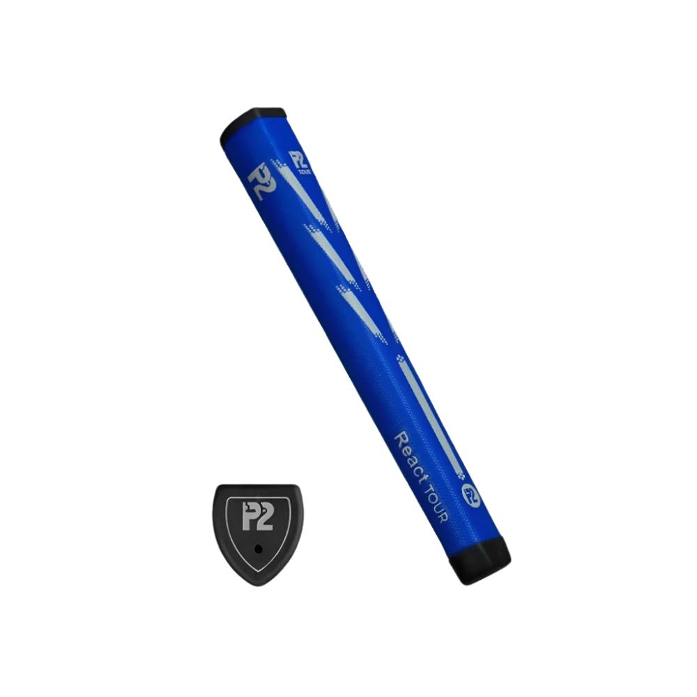 A red putter grip with a black end cap, featuring the P2 logo, designed for golf putters.