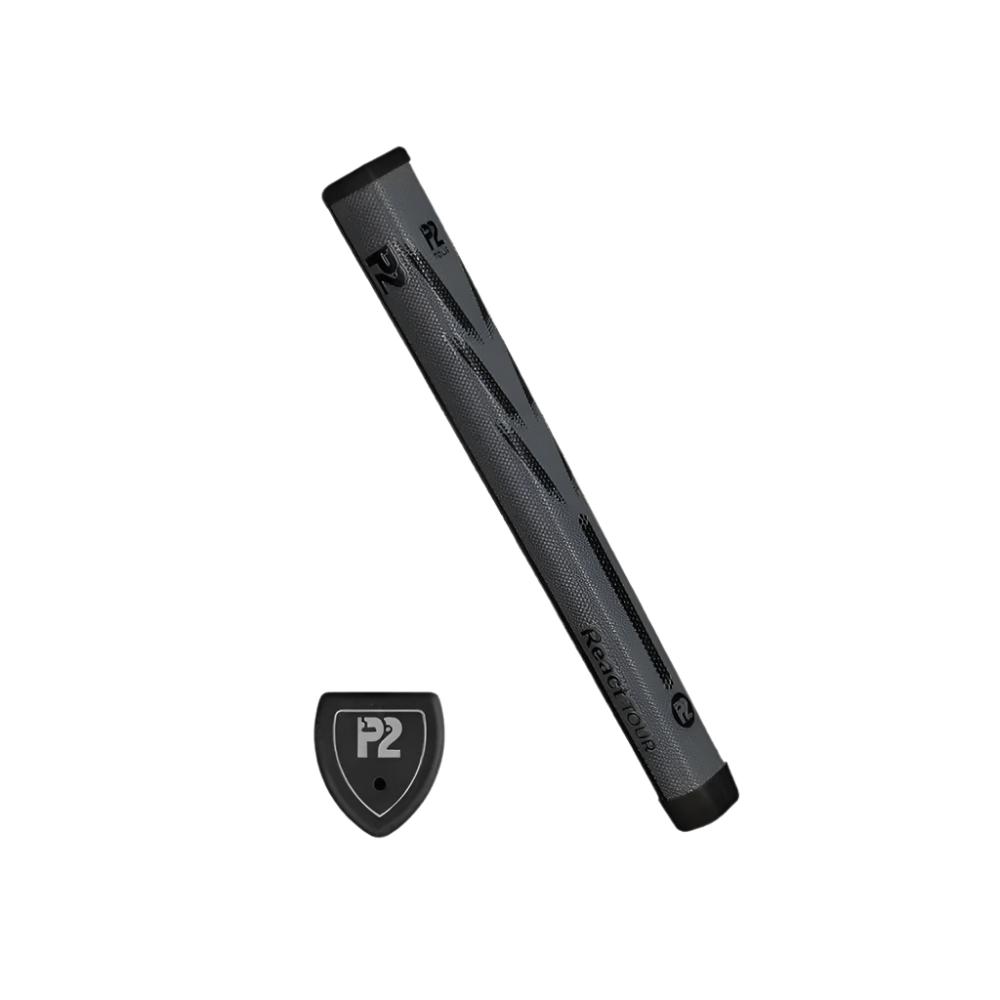 A red putter grip with a black end cap, featuring the P2 logo, designed for golf putters.