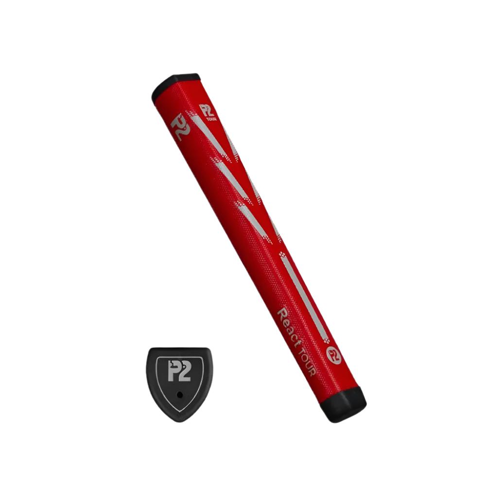 A red putter grip with a black end cap, featuring the P2 logo, designed for golf putters.