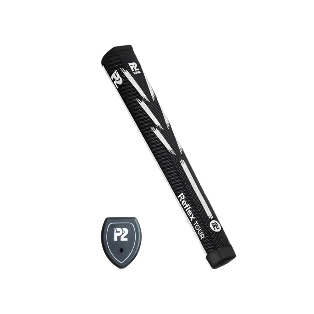 A blue putter grip with the P2 brand logo, designed for golf putters, showing the top and side views.