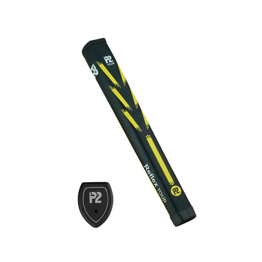 A blue putter grip with the P2 brand logo, designed for golf putters, showing the top and side views.