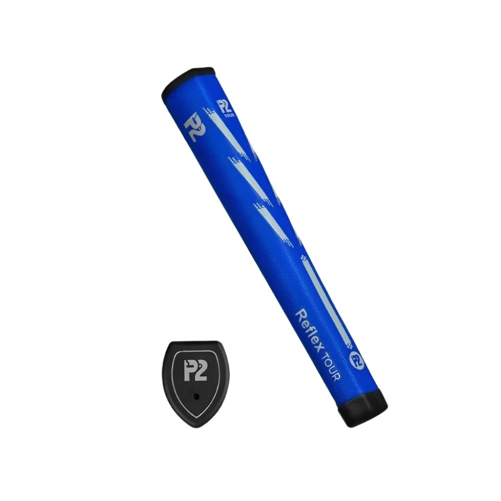 A blue putter grip with the P2 brand logo, designed for golf putters, showing the top and side views.