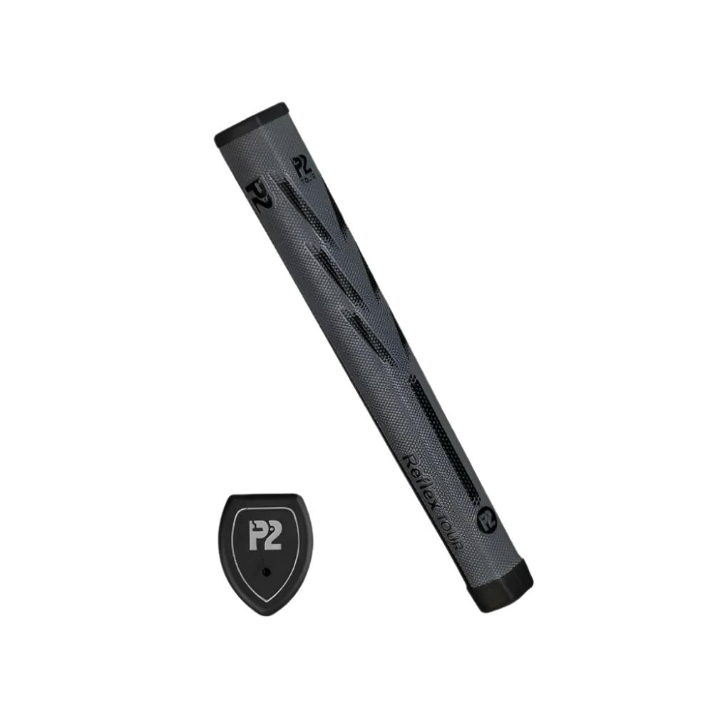 A blue putter grip with the P2 brand logo, designed for golf putters, showing the top and side views.