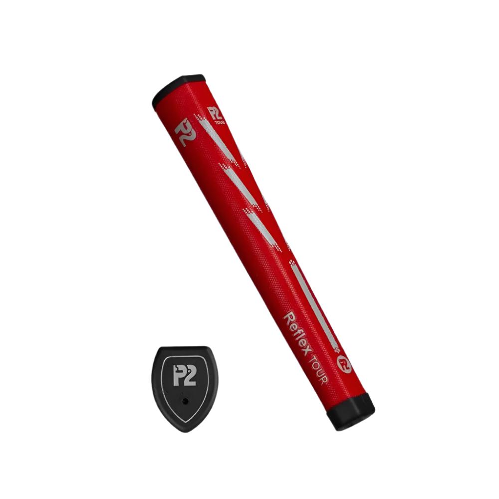 A blue putter grip with the P2 brand logo, designed for golf putters, showing the top and side views.