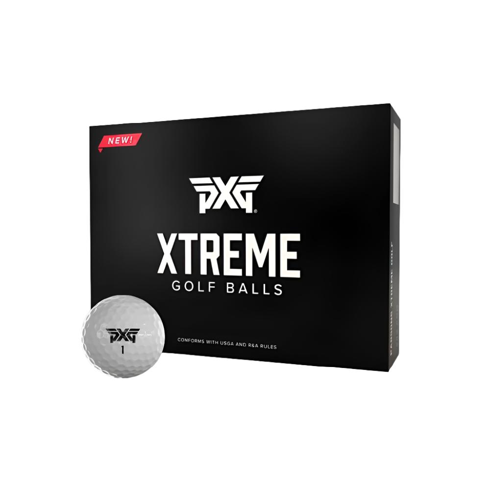 A box of PXG Xtreme Premium Golf Balls with one golf ball visible in front of the box.