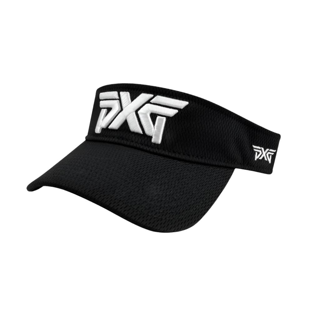 A black PXG sport visor with a pre-curved bill, embroidered PXG logos, and an adjustable Velcro closure.