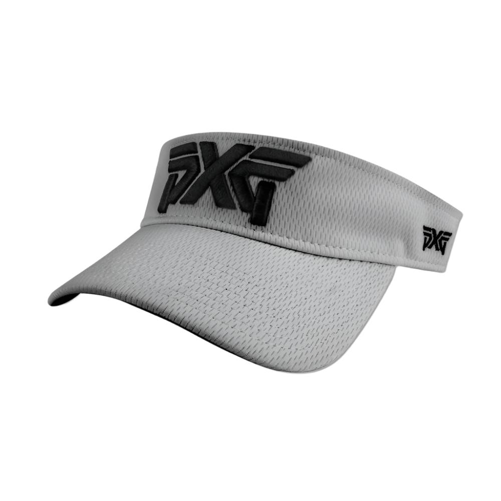 A gray PXG sport visor with a pre-curved bill, embroidered PXG logos, and an adjustable Velcro closure.