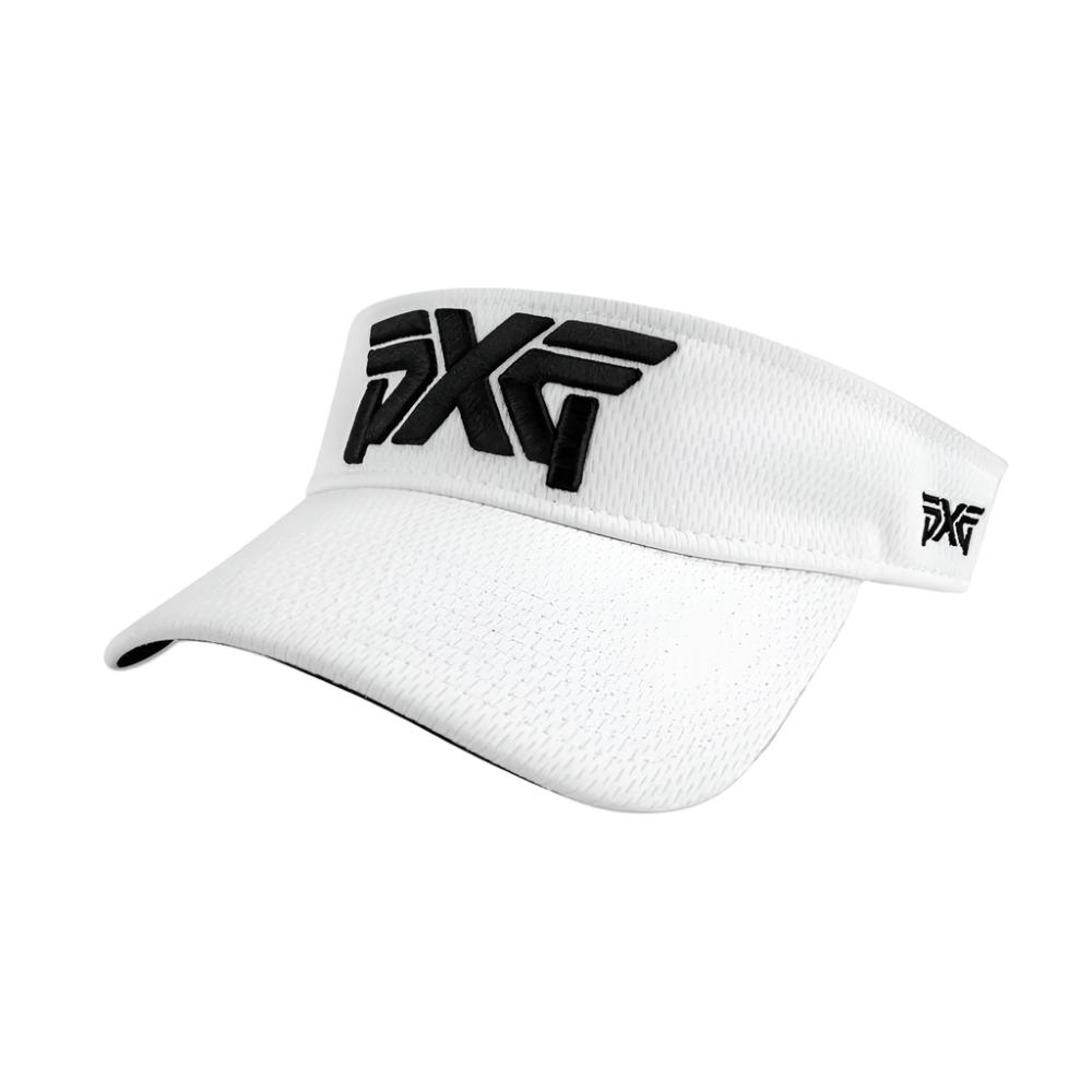 A white PXG sport visor with a pre-curved bill, embroidered PXG logos, and an adjustable Velcro closure.