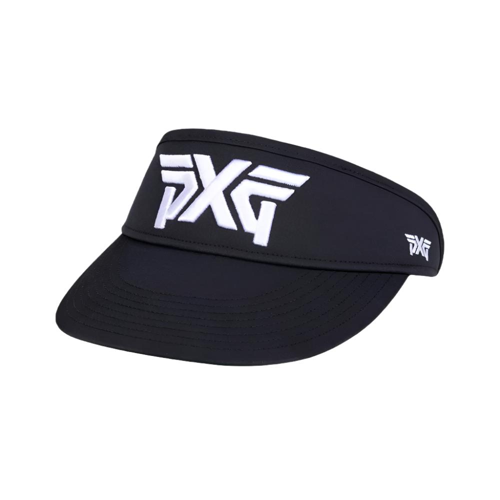 PXG tall golf visor in black with raised embroidered logos and pre-curved bill