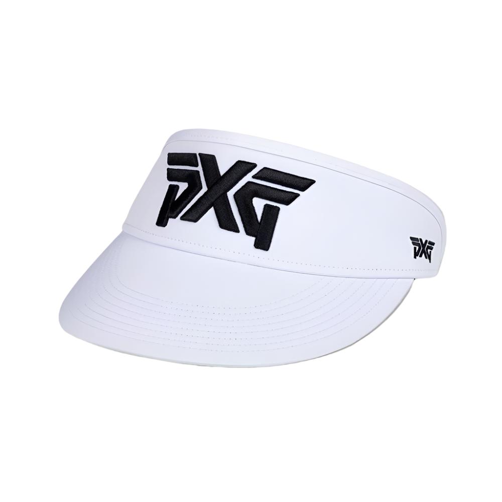 PXG tall golf visor in white with raised embroidered logos and pre-curved bill