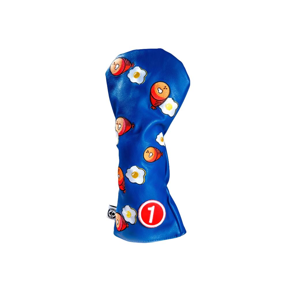 A colorful golf driver headcover featuring embroidered text and images