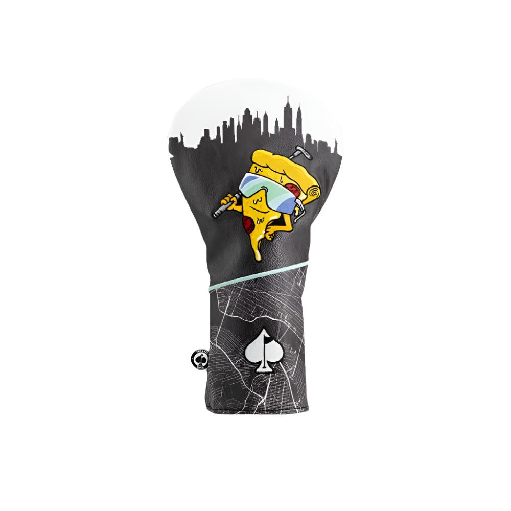 A colorful golf driver headcover featuring embroidered text and images