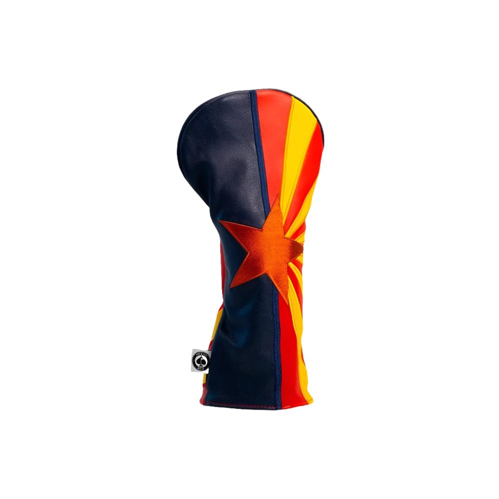 A colorful driver headcover featuring embroidered text and images