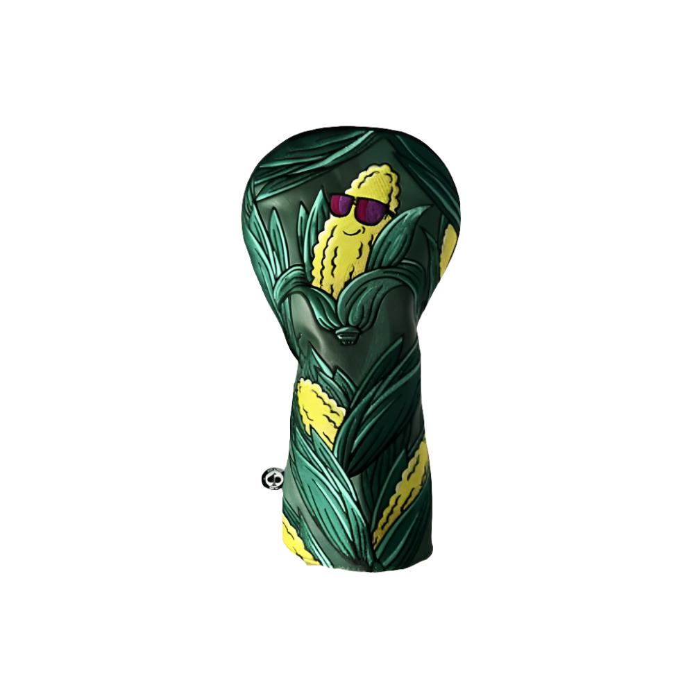 A colorful golf driver headcover featuring embroidered text and images