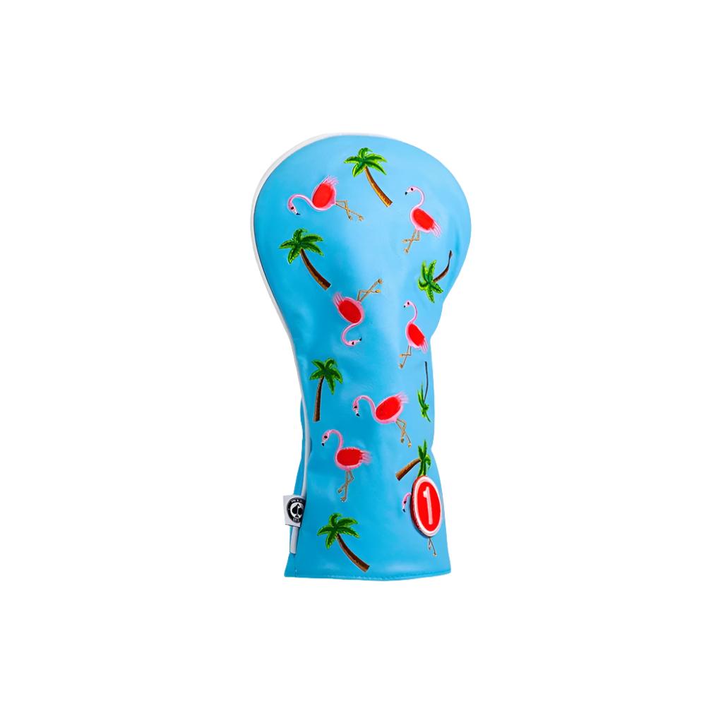A colorful golf driver headcover featuring embroidered text and images