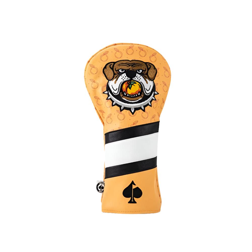 A colorful golf driver headcover featuring embroidered text and images