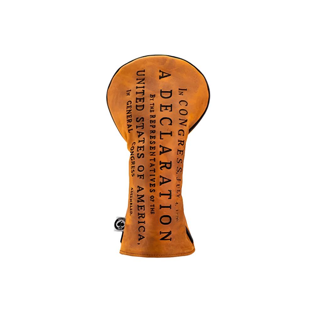 A colorful golf driver headcover featuring embroidered text and images