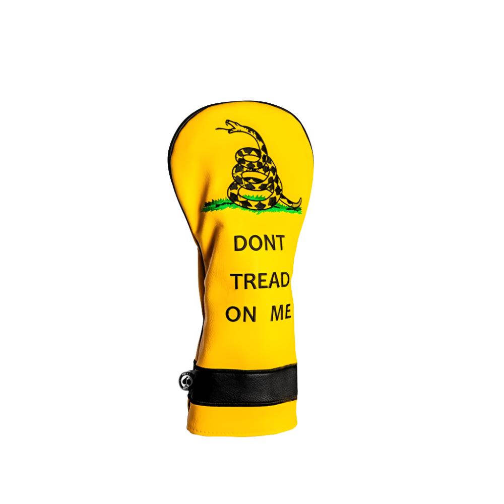 A colorful golf driver headcover featuring embroidered text and images