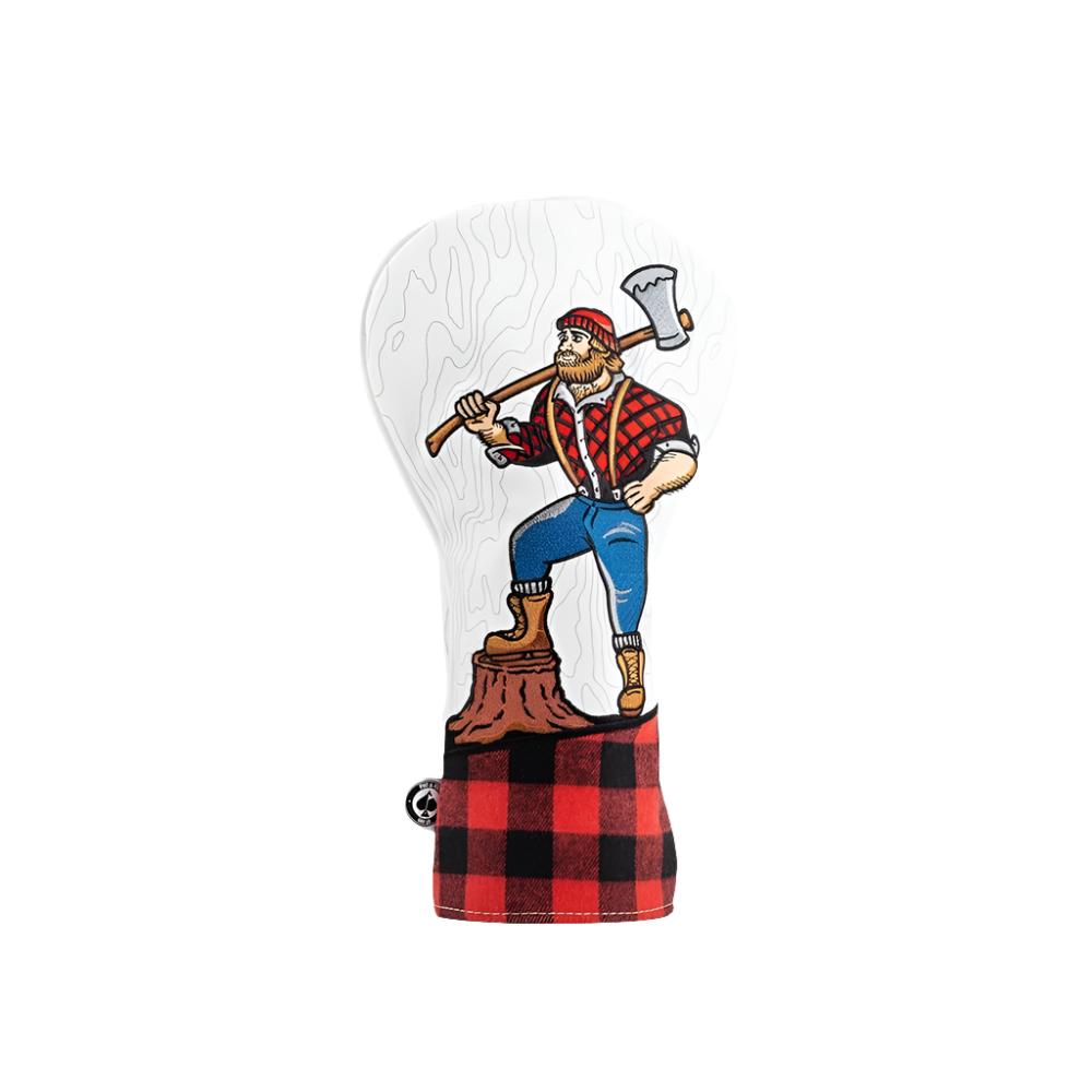 A colorful golf driver headcover featuring embroidered text and images