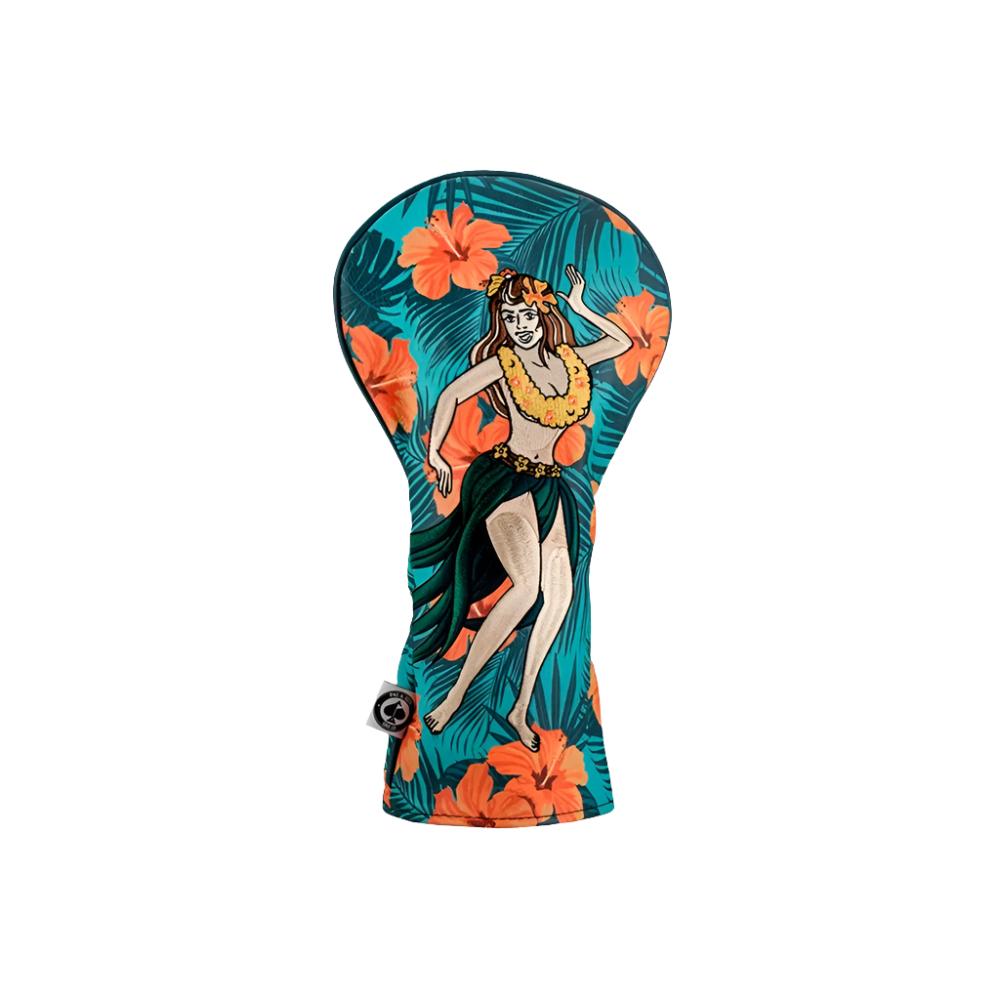 A colorful golf driver headcover featuring embroidered text and images