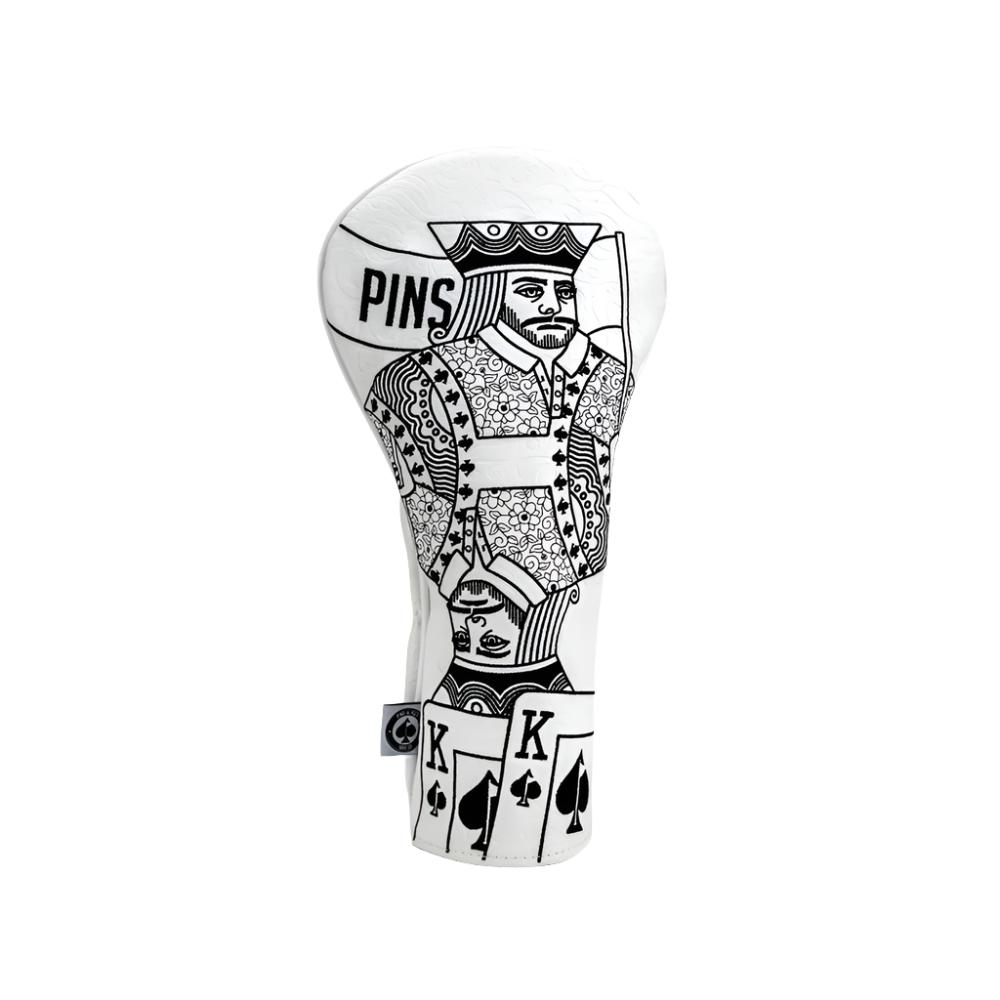 A colorful golf driver headcover featuring embroidered text and images